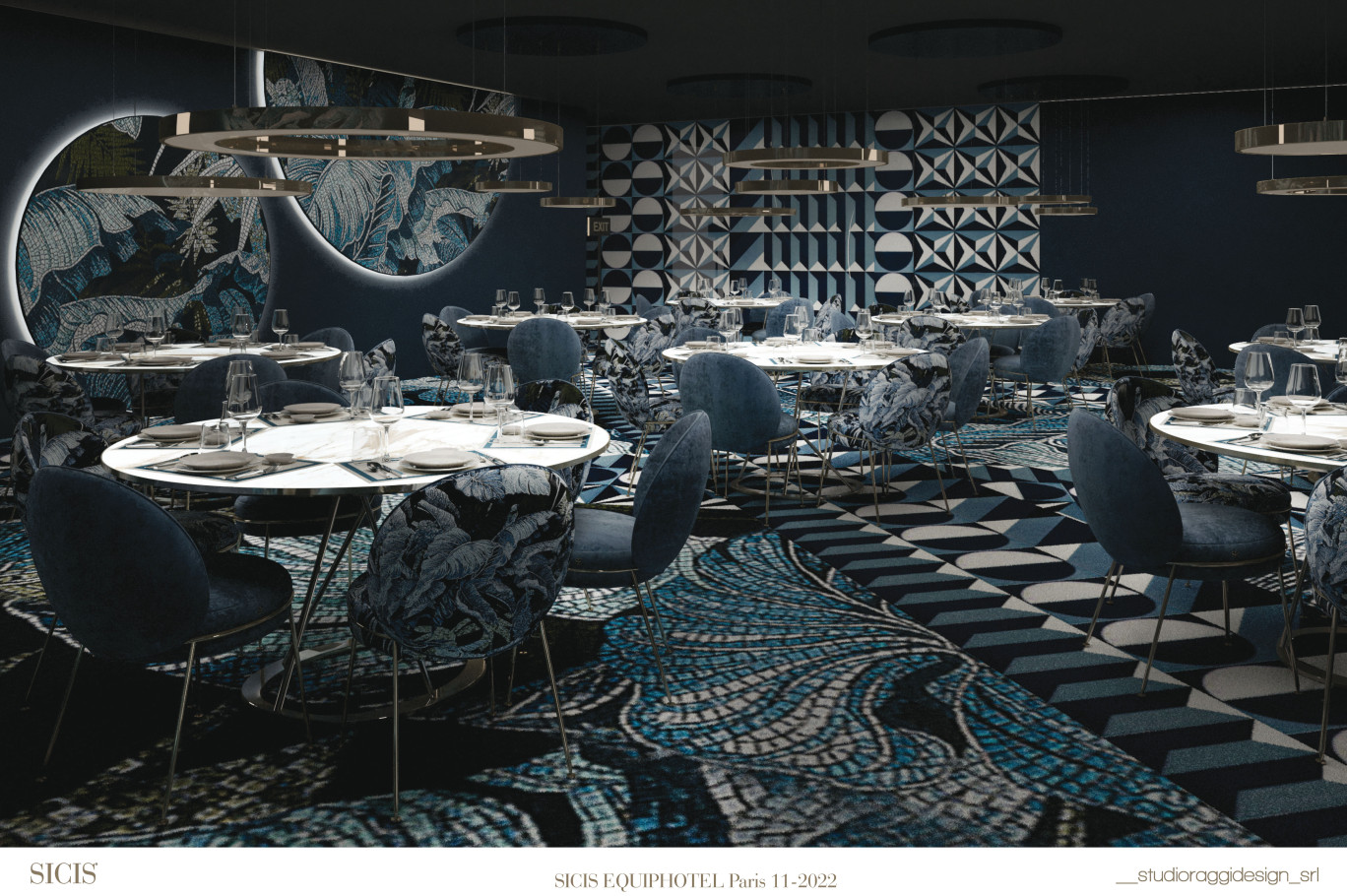 Cette « table gastronomique » a été conçue par Sicis, entreprise italienne spécialisée dans l’art de la mosaïque. Elle fait partie des espaces mis en scène au salon EquipHotel. (c)Sicis